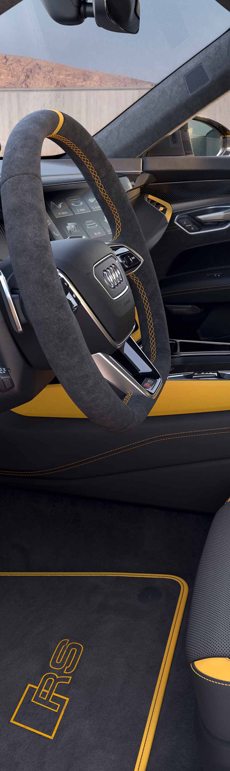Prikaz notranjosti modela Audi RS e-tron GT s športnimi sedeži z rumenimi okrasnimi šivi in rumenimi poudarki1