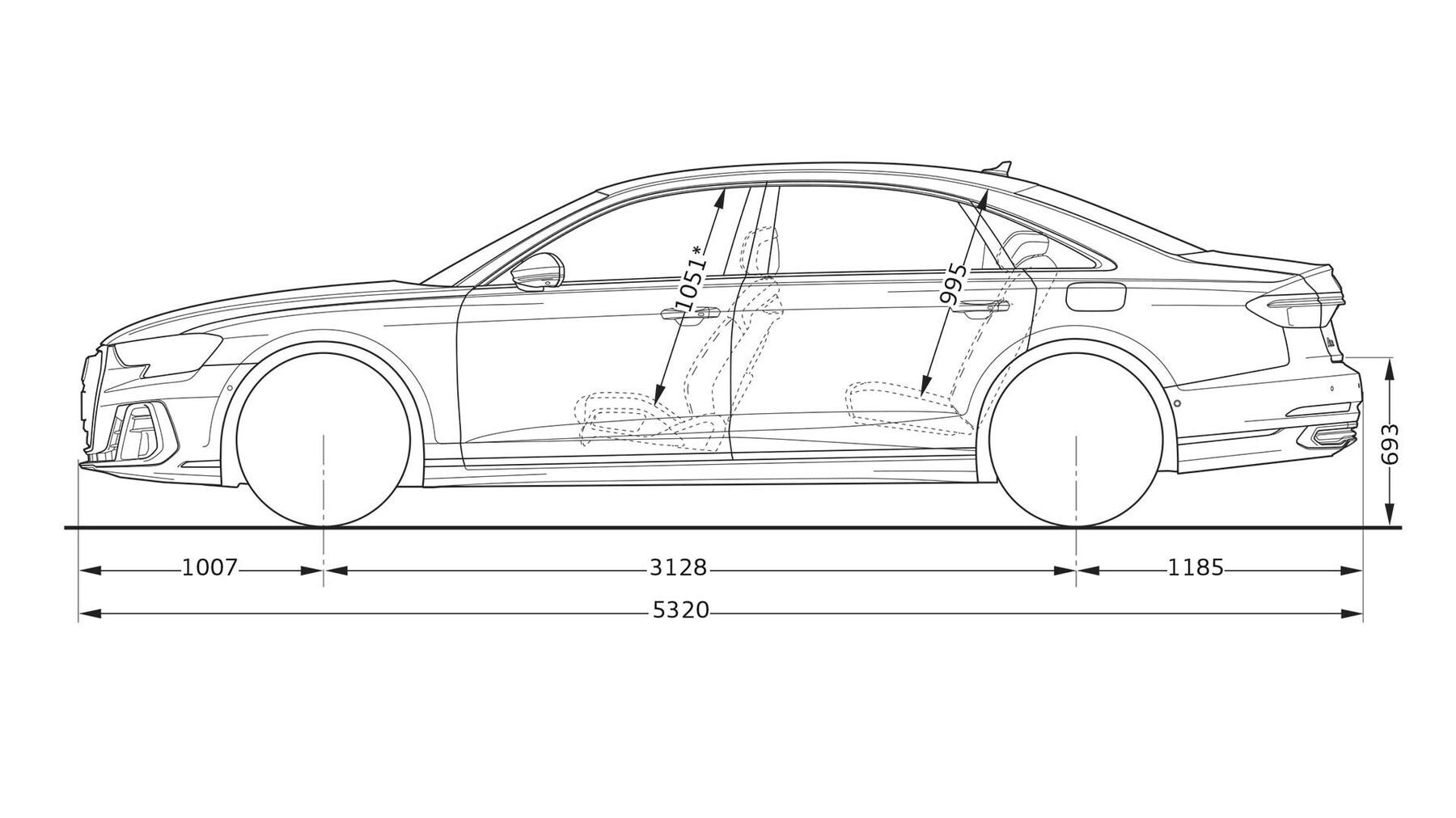 Die Abmessungen des Audi A8 L 60 TFSI e quattro in der Seitenansicht