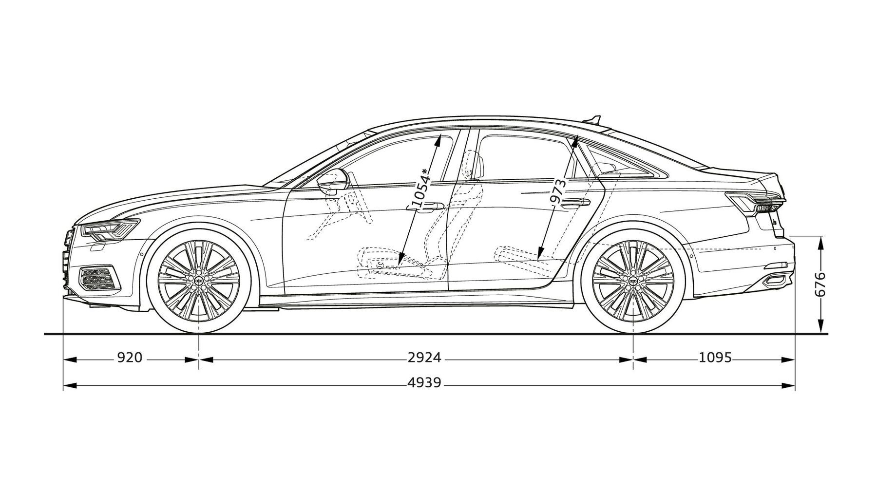 Die Abmessungen einer Audi A6 Limousine 55 TFSI e quattro in der Seitenansicht