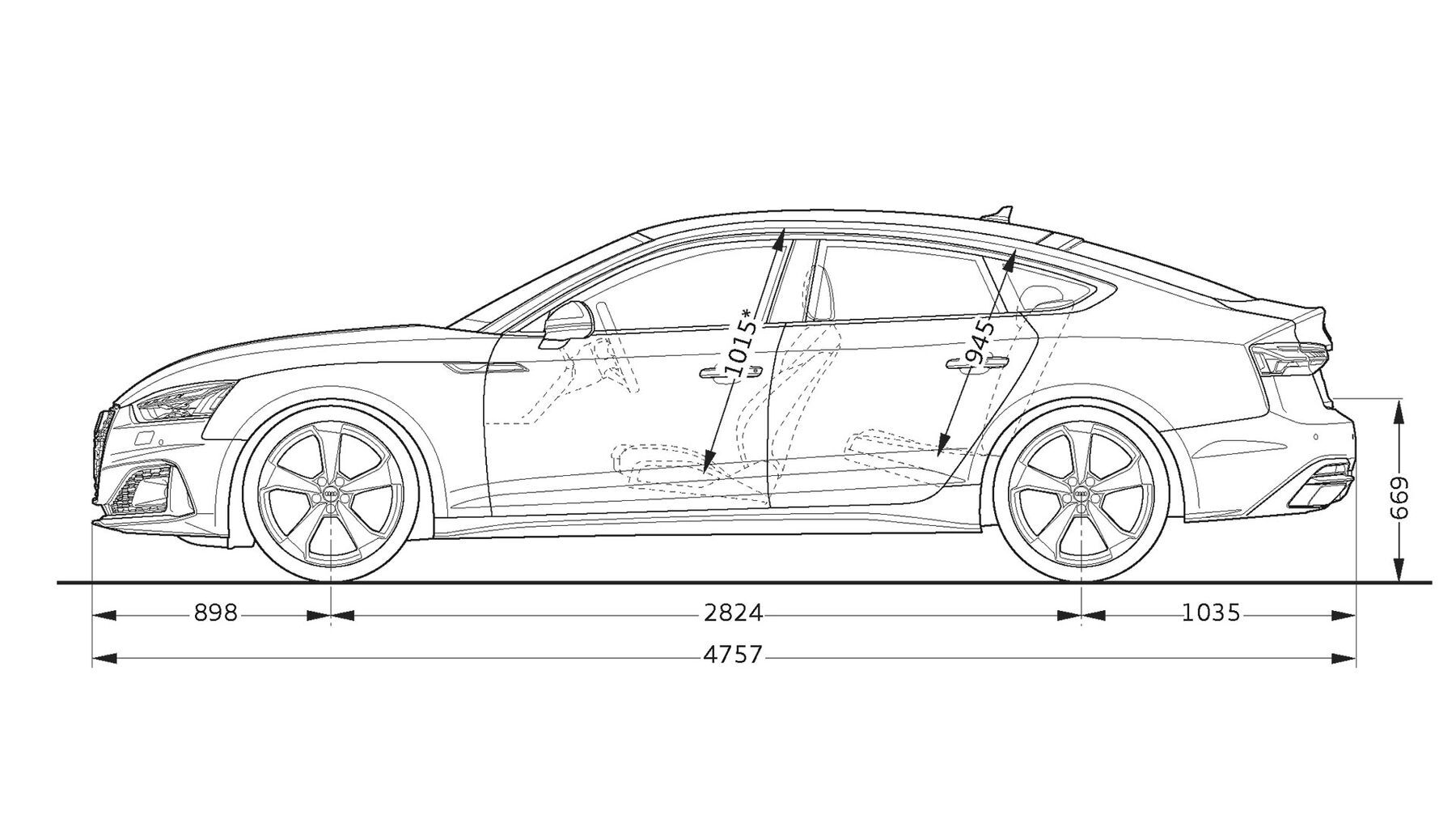 Audi A5 Sportback 2020 Abmessungen in der Seitenansicht