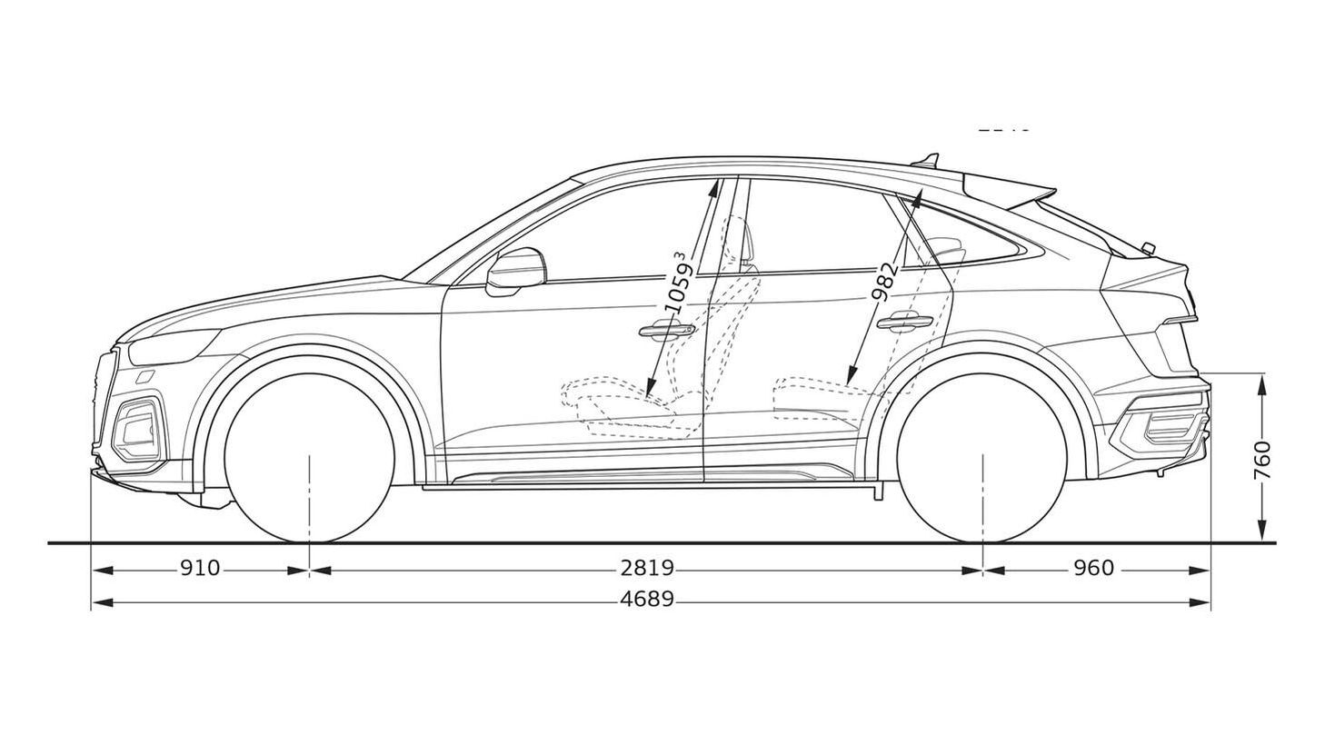 Abmessungen des Audi Q5 Sportback 2021 in der Seitenansicht