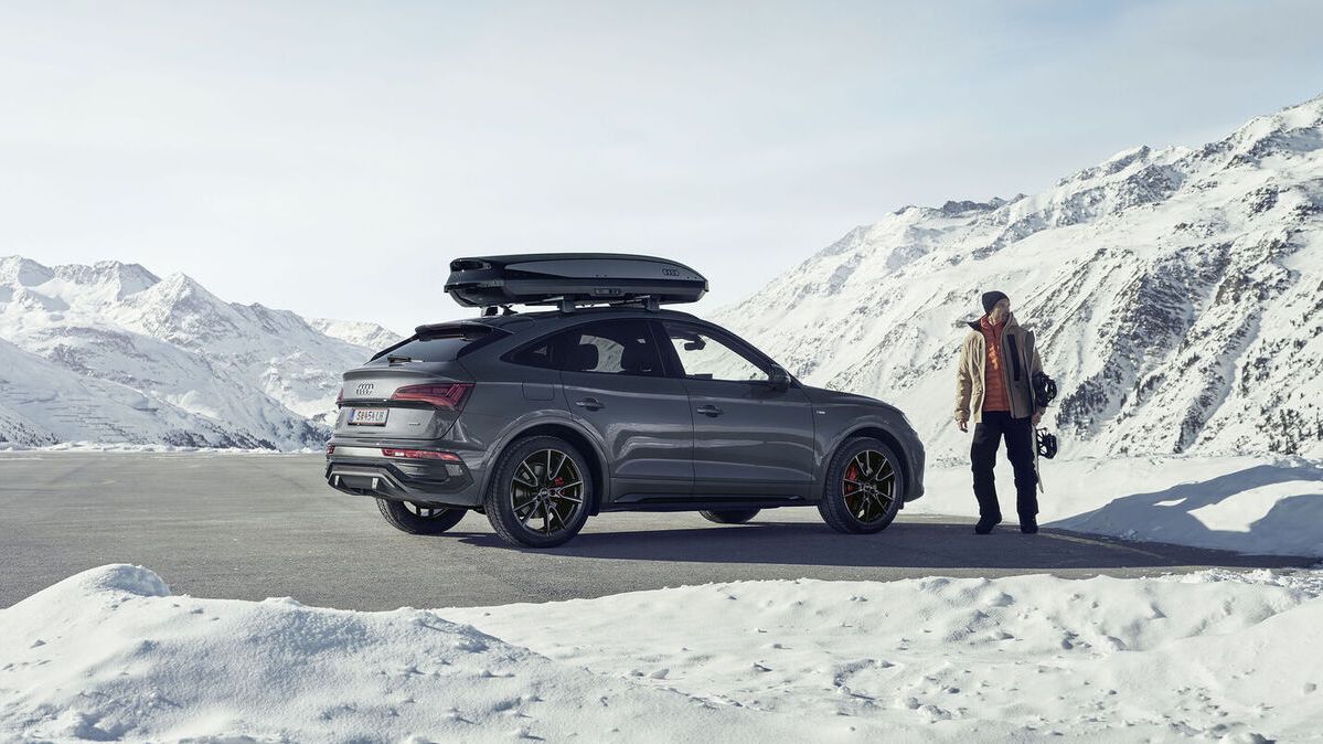 Ein Audi steht mit seiner Dachbox inmitten von Bergen.
