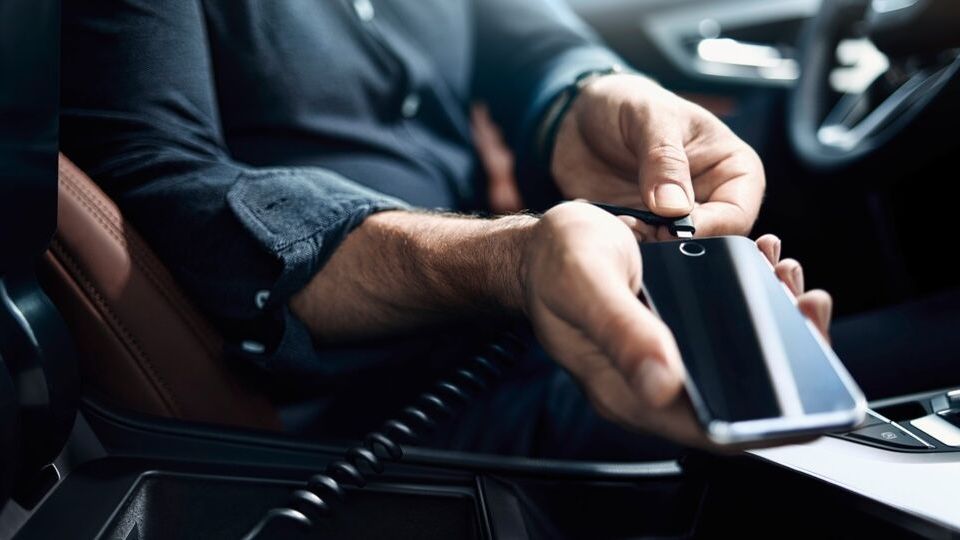 Mann steckt sein Handy an sein Audi Handy Zubehör an