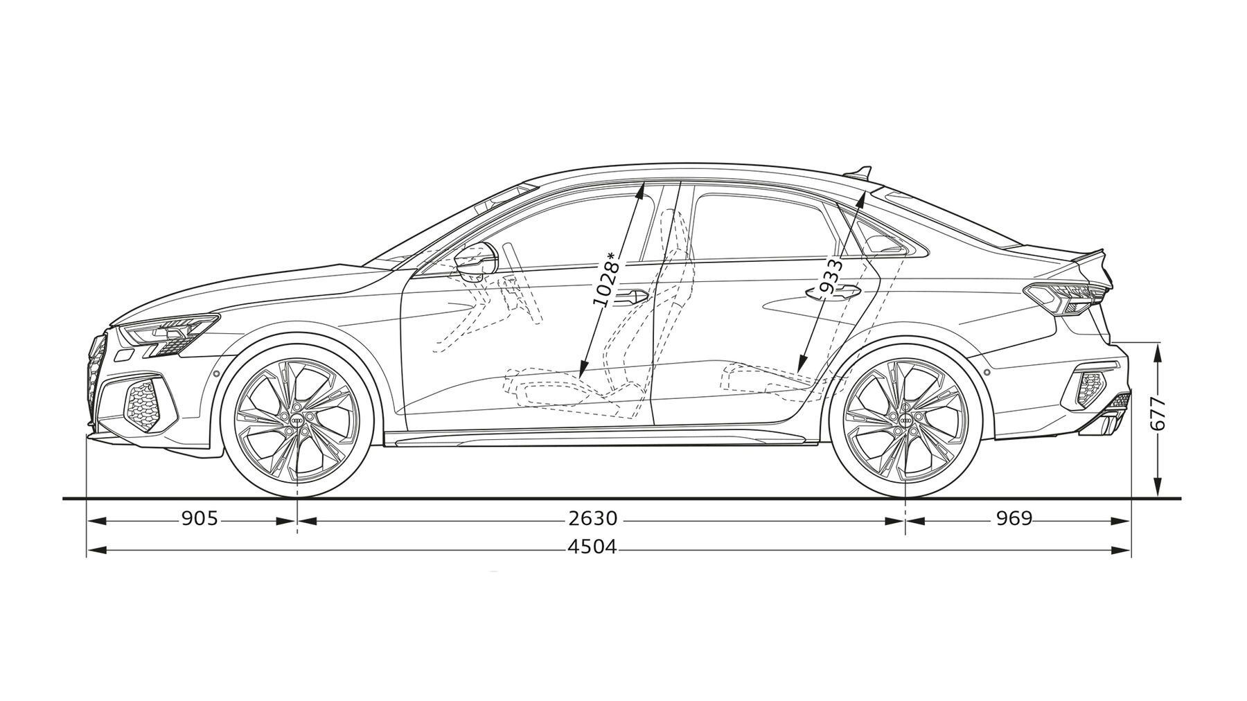 Abmessungen der Audi S3 Limousine in der Seitenansicht