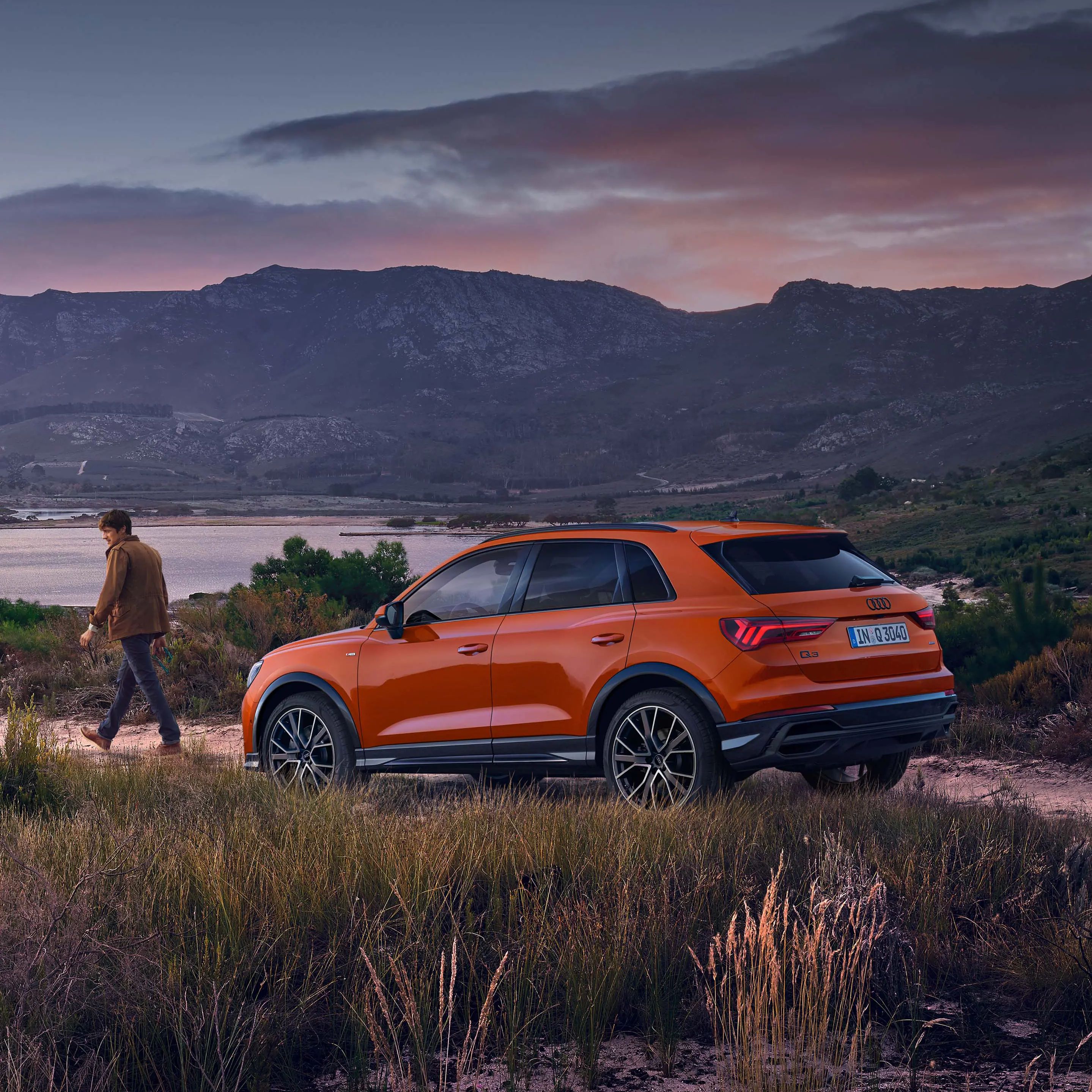 Seitenansicht des Audi Q3 in einer Landschaft mit Model und Hund