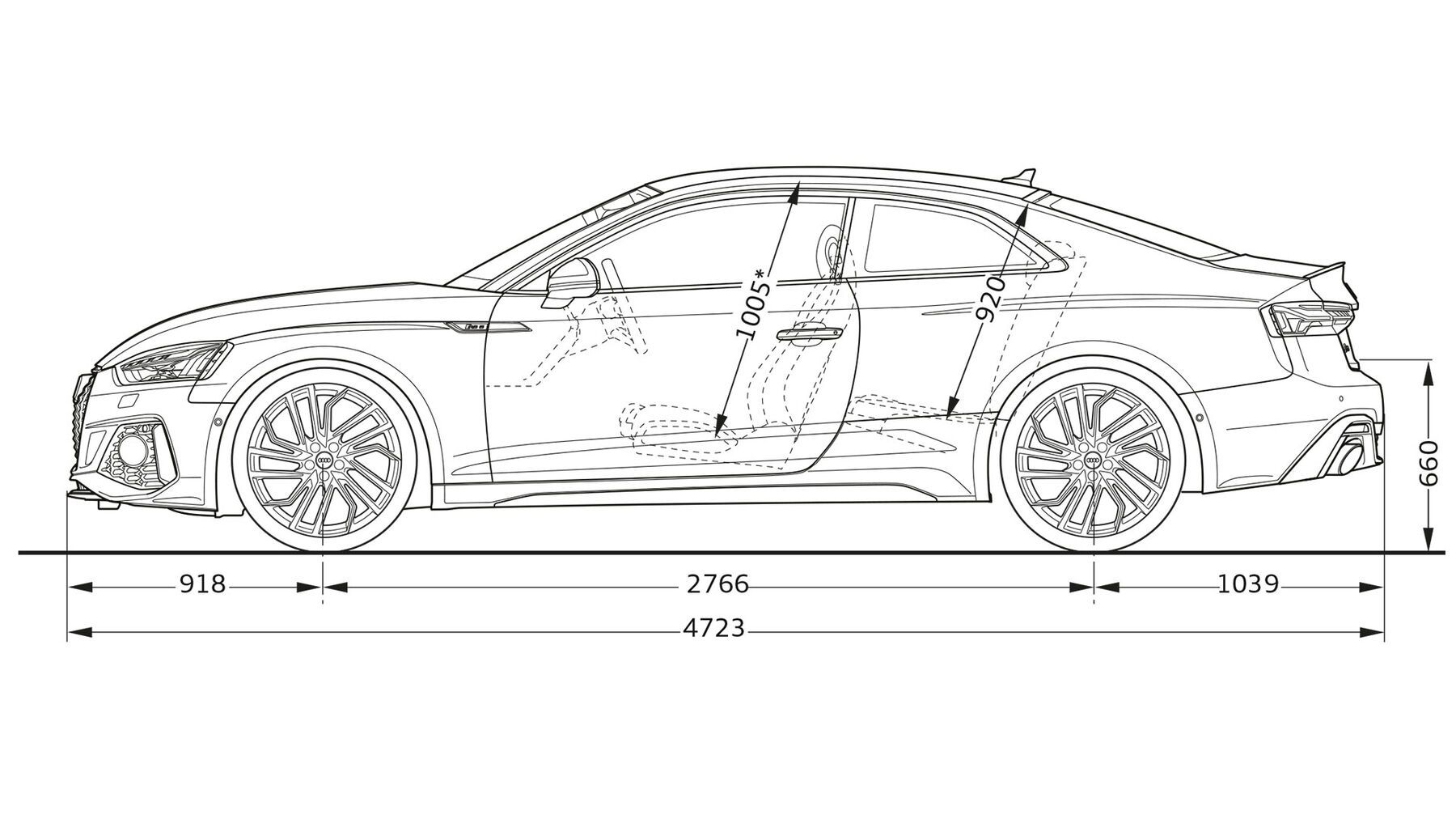 Die Abmessungen des Audi RS 5 Coupe in der Seitenansicht