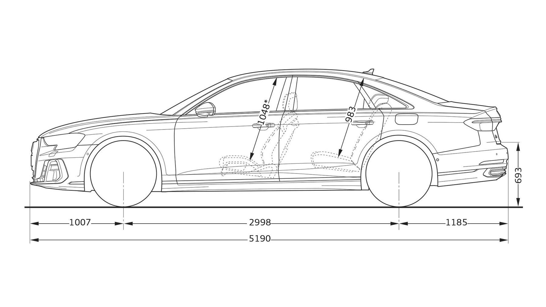 Die Abmessungen eines Audi A8 60 TFSI e quattro in der Seitenansicht