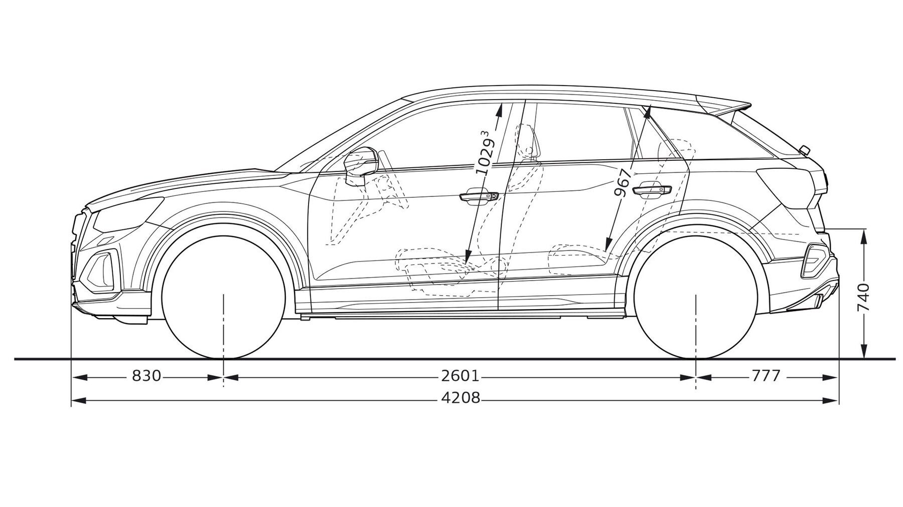 Audi Q2 Abmessungen in der Seitenansicht