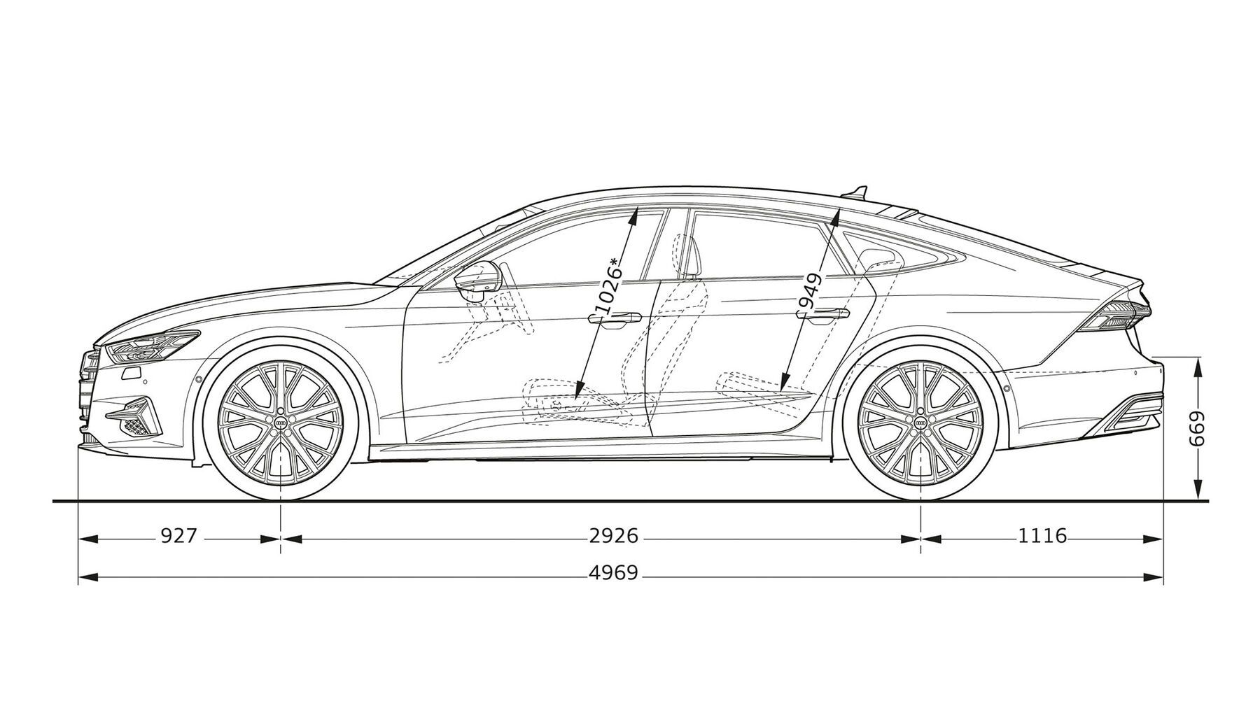 Zu sehen sind die Abmessungen eines Audi A7 Sportback 55 TFSI e in der Seitenansicht.